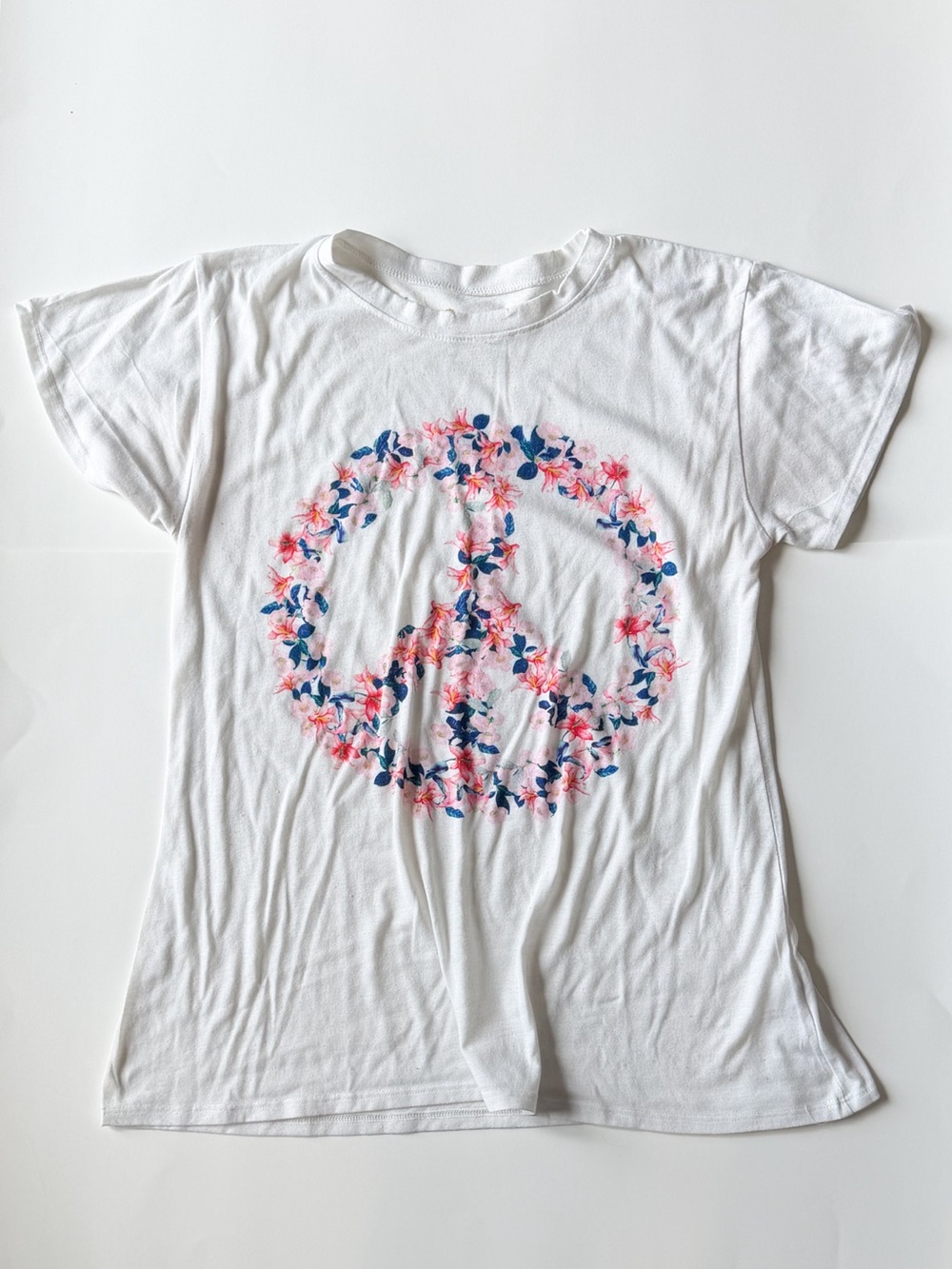 White Short Sleeve Tee with Pink & Blue Floral Peace Graphic